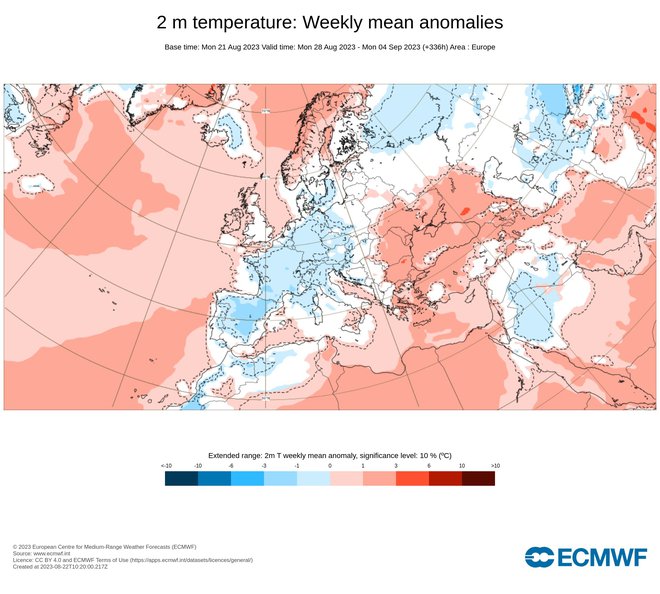 Grafični prikaz napovedanih temperaturnih razlik po Evropi. FOTO: Arso